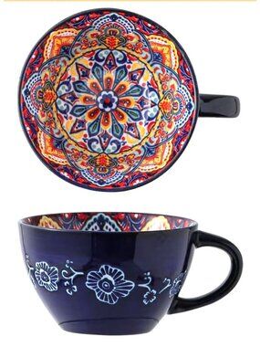 Set of 3 Bohemian Navy Blue Ceramic Coffee Latte Mug Set Hand-Painted 16 Oz